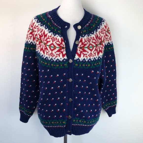 Vintage Sweaters - Vintage Large 90s Fair Isle Cardigan Sweater Blue